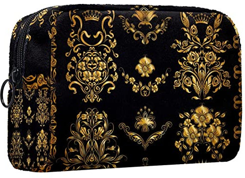 Kleine Schminktasche für Damen,Schminktasche, Reisekosmetiktasche,Ethnische Blume aus schwarzem Gold Drucken