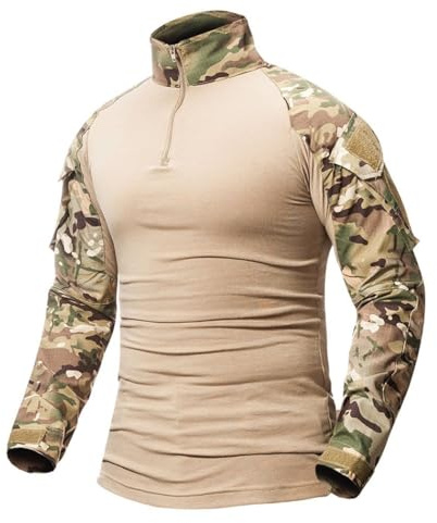 Oanviso Homme Chemises Pulls Combat Militaire Airsoft BDU Shirt Tenue Camouflage Hauts Uniforme Tactique Séchage Rapide avec Poches Coudières Manches Longues A Kaki M