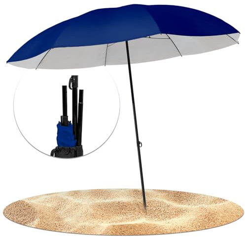 STYNGARD Reise Sonnenschirm mit UV Schutz 50+ [155 cm ⌀] - Strandschirm Sonnenschirm Strand mit Abspannleinen zum Aufklappen - Modell NIZZA (blau)