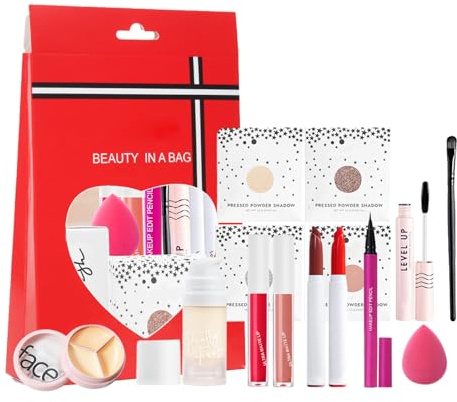 14 Stk Cosmetics Set mit Geschenktüte, Exquisite Make-up Kosmetische Set, All-in-One Vollgesichts Schminkkoffer, Kosmetik Starter Kit, Professionelles Schminke Geschenkset, für Gesicht/Augen/Lippen