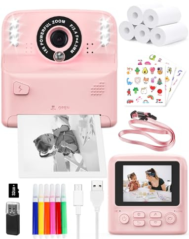 PHNIXGAM Appareil Photo instantané pour Enfants avec 2 Flash, Appareil Photo numérique pour Enfants, Appareil Photo HD 2,4 Pouces, Cadeaux pour garçons et Filles, y Compris 5 Rouleaux de Papier