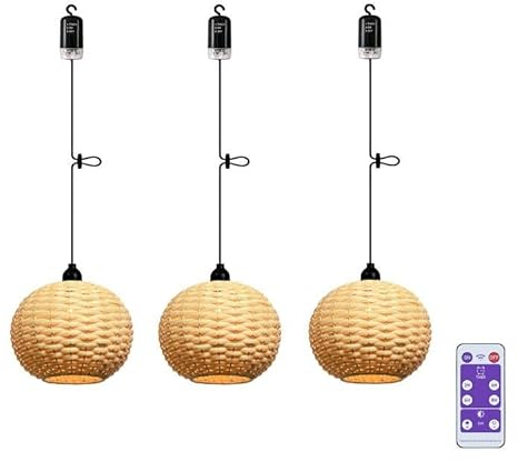 YIKEGE LICHT 3x Außen Hängelampe Klein Hängeleuchte mit Batterie Fernbedienung Batteriebetriebene Lampe Tragbare Boho Rattan Lampenschirm Pendelleuchte ohne Stromanschluss Wasserdicht Beleuchtung