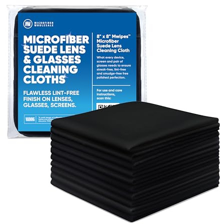 Premium Lenses Screen Cleaning Cloth by MicrofiberWholesale Black Super Soft Microfiber Suede Compact Size Reusable No Lint Scratch-Free Durable for Lenses Screens iPads 8x8in 10pk