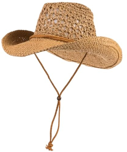 Hperu Sommerlicher Cowboyhut aus Stroh für Damen und Herren, hohler Cowboyhut, Strandhut für Herren mit Kinnriemen, breite Krempe, Sonnenhüte für draußen, Khaki