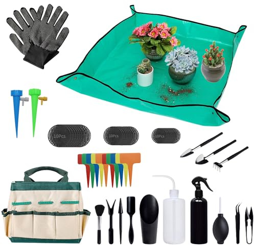 Juego de herramientas de jardín, 58 herramientas de jardín con herramientas de jardín, organizador de mano, 25,9 pulgadas para plantas de interior, accesorios para trasplantar plantas de jardín, kit