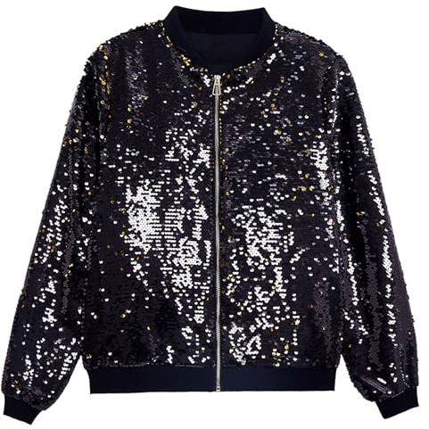 Beokeuioe Herren Metallic Pailletten Jacke Baseball Bomberjacke 70er Disco Party Karneval Kostüm Zip Glitzer Blouson Jacke Kurz Clubwear Glänzend Pilotenjacke Sequin Cardigan