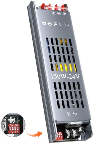 HOOLED Transformador LED DC 24 V 6,3 A, 150 W con función de atenuación, fuente de alimentación con entrada 220-240 V CA de baja tensión DC, transformador con 5 modos de protección del circuito