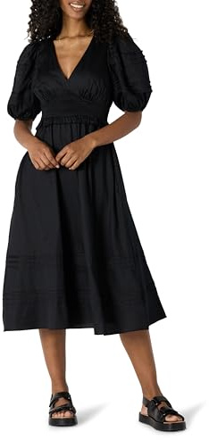 Amazon Essentials Abito Midi in Raso di Cotone con Busto Aderente e Gonna Svasata, Maniche a Sbuffo e Scollo a V Donna, Nero, L