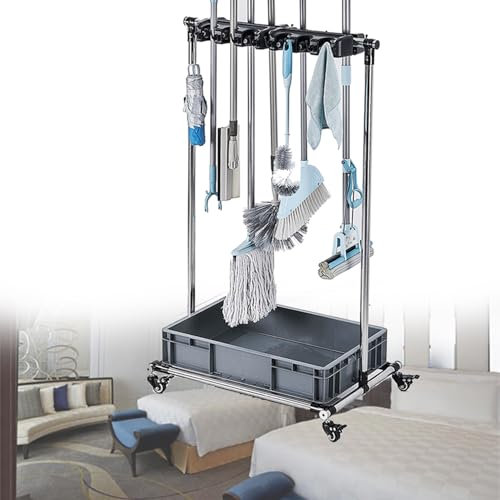 Bubinblau Beweglicher Besen- und Mopphalter, Kommerzieller Moppständer, Reinigungswagen auf Rollen mit Haken und Spülbecken, Aufbewahrung von Gartengeräten, Für Schulen, Krankenhäuser, Hotels,6slots