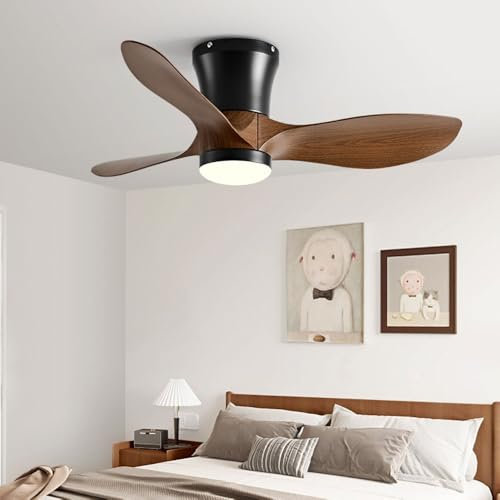 Quiet Ceiling Fan With Light 3-Blade 32 Inch Ceiling Fan With Lights Mute Remote Ceiling Fan Light Imitation Wood Flush Mount Fan Light Modern LED Ceiling Light Fan Lighting For Bedroom Living Room