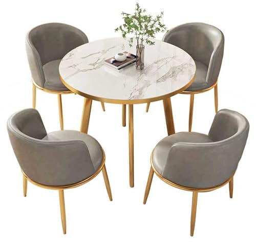 Moderner, runder Besprechungstisch und Stuhl-Set für Büro, Verhandlungen, Raumsparendes Design für Empfang und Wohnzimmer-Dekor, inklusive 1 Tisch und 4 Stühlen, hellgraue Farbauswahl.