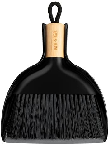 MR.SIGA Mini set paletta e spazzola, spazzola e paletta portatile per la pulizia con manico in bambù, nero, 1 set