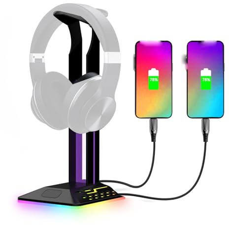 Rgb Headphone Stand Headset Stand With 2 Usb Charging Ports, Rubber Base, Headphone Holder Desk Gaming Desk Accessories Storage And Organization Desk Gadgets Pc Accessories Gaming Office Gadgets