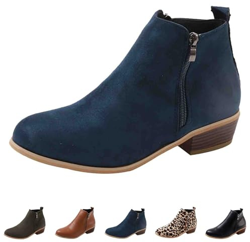 5 Women's Faux Suede Leather Ankle Boots Chunky Stacked Low Heel Booties Short Booties with Double Side Zipper Chelsea Boots Winter Fall Ankle Booties Dress Western Shoes 2025 B/Blue