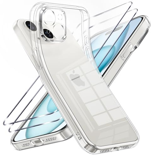 Viojrlra Chiaro Cover per iPhone 15 con 2 Pezzi Pellicola Vetro Temperato, Anti Ingiallimento Antiurto Anti-Graffio, Silicone TPU Protettiva Case per iPhone 15, Trasparente