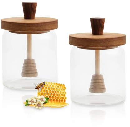 PHMING 2 Pezzi Barattoli Vetro con Coperchio, Vasetti Miele con Bastoncino per Mescolare, Dosatore Miele per Cucina, Colazione e Regalo