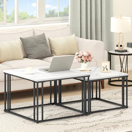 DWVO Moderner 2er-Couchtisch-Set, Runde Holztische Mit Goldfarbenem Metallrahmen, Couchtische aus Holz, Beistelltischfür Wohnzimmer, 75,5x75,5x49cm/65,5x65,5x42cm, Schwarz und Weiß