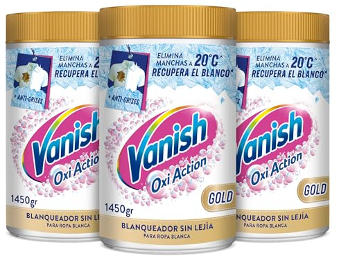 Vanish Oxi Action Gold - Quitamanchas multibeneficio, blanqueador y potenciador del lavado, para ropa blanca, En Polvo, sin lejía - Pack 4,35kg (3x1450gr)