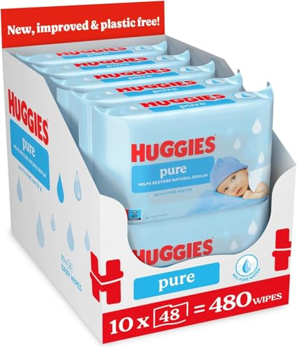 Huggies Pure Plastic Free Baby Wipes - Pack of 10 (480 Wipes) – 99% Water Wet Wipes, Fragrance Free, Hypoallergenic, Better Cleaning, Soft and Gentle on Babies' Delicate Skin