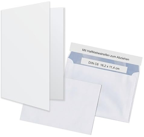 DIN A6 Klappkarten aus Hochweißem, Ungestrichenem 250g/m² Öko Premiumpapier mit Umschlägen/Kuverts, 100 Stück, TOP Optik, TOP Haptik, VORRATSPACK, Preis-Leistung, Bulkverkauf