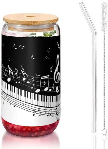 Vasos de agua con tapa y popote, impresión de notas musicales, color blanco y negro, 473 ml, bonitos vasos de agua para jugo, cerveza, café, té
