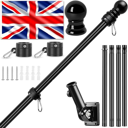 Union Jack Flag with Pole, Union Jack Flags With 5FT Wall Mounted Flagpole Kit, Mounting Bracket, England Flags 5ft x 3ft with Eyelets, 100% Polyester (Flag + Flagpole + Mounting Bracket)