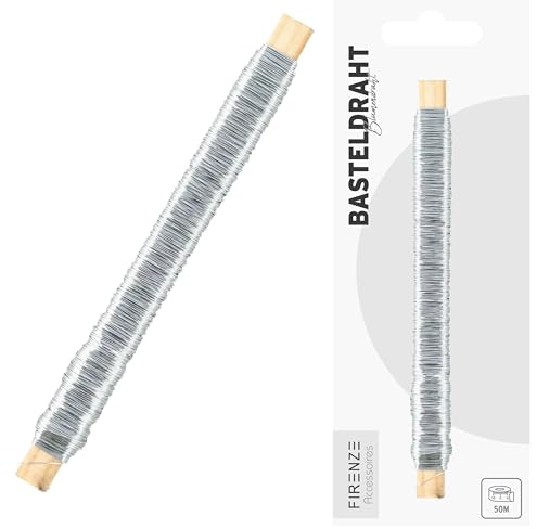 Craft Wire on Wooden Stick, 50 m Iron Silver, Floristry Wire for Crafts, Arrangements, Advent Wreath, Flower Decoration, Winding Wire for Attaching in the Garden (1 x Raffia Wire, Silver)