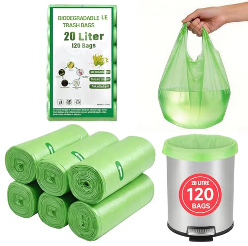 20L Biodegradable Food Waste Bags, Heavy Duty Compostable Caddy Bin Bags Liners, Clear Green Food Recycling Garbage Trash Bags for Kitchen, Home, Office Supplies, 120 PCS