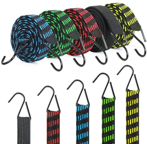 Qcdou Bungee Cords with Hooks, 5 Pack Bungee Straps, 2m Anti-slip Elastic Strap, Heavy Duty Bungee Cords, Weatherproof Luggage Straps for Bikes/Motorcycle/Camps/Luggage/Garden Furniture