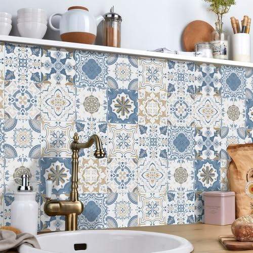 24PCS Tile Stickers Mandala Style, Self Adhesive Stick on Tiles Kitchen Tile Stickers, Waterproof Oil Resistant Peel and Stick Bathroom Wall Tile Stickers for DIY Home Decoration