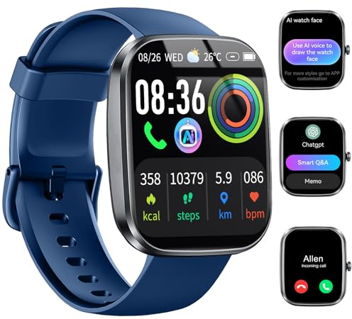uaue AI Smartwatch Herren Damen, 1.91 Smart Watch mit Bluetooth Anrufen | Pulsuhr/Schlafmonitor/Schrittzähler/110+ Sportmodi Fitnessuhr, IP68 Wasserdicht Sportuhr, für Android iOS, Blau