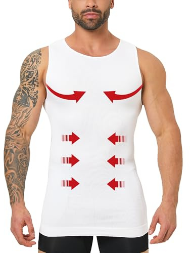 Compression Shirt Men Shapewear Slimming Tank Top Seamless Body Shaper Vest Undershirt for Gynecomastia, Tummy Control (White, L)