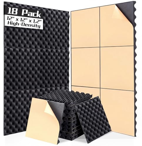 AUSLET 18 Pack Egg-Crate Acoustic Foam High Density Soundproof Panels 12x12x1.2 Inches Sound Proofing Panels Acoustic Foam Wall Panels for Studio, Home, Office & Gaming Room Black