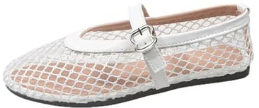 Dam rutnät ballerinor, snygga genombrutna spetsar, sandaler sommar för, andningsbart nät, Vit, Size36