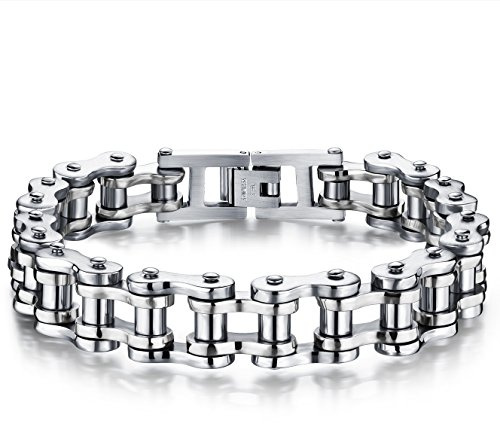 JewelryWe Schmuck Herren Armband, Schwer Biker Link Fahrradkette Armkette, Edelstahl, Silber Schwarz Gold
