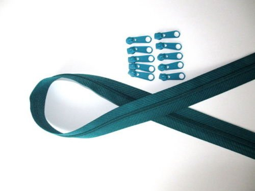 2m Reißverschluss endlos, Spirale 3mm + 10 Schieber-Zipper 33 Farben, Meterware (petrol)