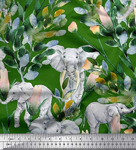 Soimoi Grun Baumwoll-Popeline Stoff Blutter, Blumen & Elefant Tier Stoff Drucke Meter 56 Zoll breit