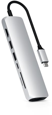 SATECHI 7 en 1 Hub USB C Slim Classic Adaptador Multipuerto con Ethernet, PD 60W, HDMI 4K@60Hz, 2X Puertos USB-A de Datos 5Gbps y SD/microSD para MacBook Air/Pro/Neo, PC Portatil y más – Plata