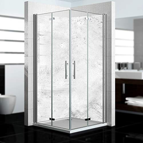 dedeco Eck-Duschrückwand wasserfest mit Beton V4 Motiv UV-Lack matt - 2 x 90x200 cm, als Badrückwand zum Fliesenersatz, als Dekorwand, Wandverkleidung und Duschplatte aus Aluminium - Made in Germany