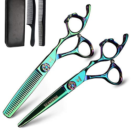 XUAN FENG schwarze Haarschere mit Schleife, 15,2 cm, Friseurschere, Japan 440C Schneid- und Effilierscheren-Set (Set, grün)