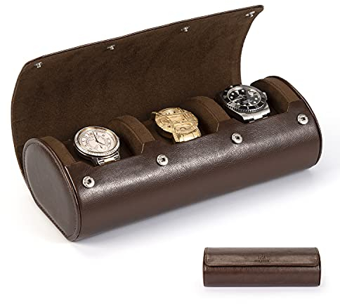 HELMDY Uhrenbox Organizer für Herren: 3 Fächer für Uhren und Reiseetui, tragbares Uhrenrollen-Vitrine – Uhrengehäuse passt auf alle Armbanduhren und Smartwatches bis zu 50 mm (Braun)
