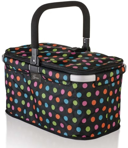 Genius A14360 Einkaufskorb Falko Premium Schwarz mit bunten Punkten | Einkaufstasche 22l groß, faltbar, mit Deckel | Tragekorb mit Aluminium-Griff für unterwegs, Schwarz-bunt