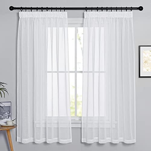 PONY DANCE Vorhang Weiß Transparent Kurze Gardinen mit Kräuselband 2er Set H 160 x B 140 cm Wohnzimmer Vorhänge mit Kräuselband Weiss Gardine Leinenoptik Transparent