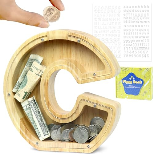 LEcylankEr Spardose Kinder Personalisierte Alphabet Sparbüchse (C) | Holz Spardose Dekoration Kreative Sparschwein als Geschenke für Geburtstag, Weihnachten und Thanksgiving