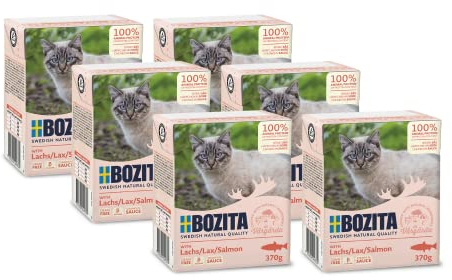Bozita Tetra Häppchen in Sauce mit Lachs – 6x370g Getreide- & zuckerfreies Premium-Katzenfutter, ohne Gentechnik, mit 7,5% Protein und 5% Fettgehalt – leckeres Nassfutter für Feinschmecker