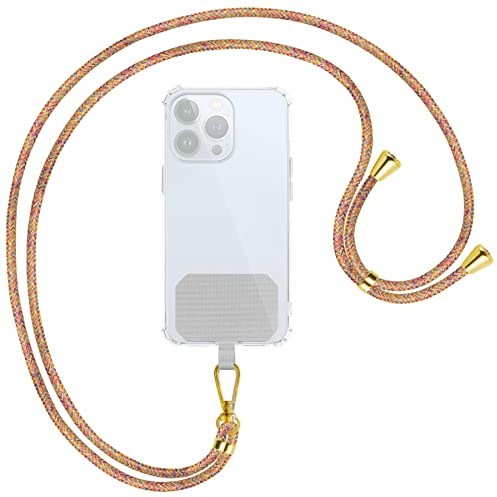 mtb more energy® Chaîne de téléphone portable universelle - Arc-en-ciel - Pièces métalliques de couleur or - Compatible avec de nombreuses coques de téléphone portable - Cordon à accrocher autour du