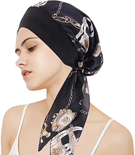 Kopftuch für Frauen Kopfbedeckung Damen Chemo Kopfbedeckung Im Voraus Gebunden Set Plissiert Headwrap Schals Gap Mütze Damen -Schwarz Kette