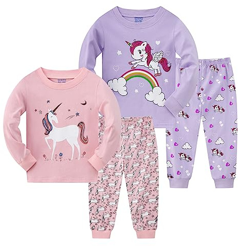 Little Girls Unicorn Pyjamas Sets Cotton Long Sleeved Christmas Pjs for Kids Pajamas 3-8 Years Sleepwear - 4-Piece