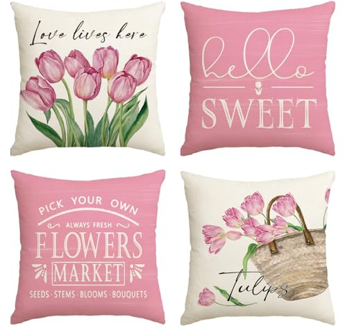 Artoid Mode Tulpen Tulips Korb Hello Sweet Frühling Kissenbezüge 4er Set, 40x40 cm Saisonnal Zierkissenbezug Couch Wohnzimmer Deko