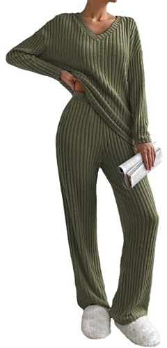 Famulily Schlafanzüge für Damen Langarm V-Ausschnitt Loungewear Hausanzug Weites Bein Schlafanzug Zweiteiler Set Outfit mit Taschen